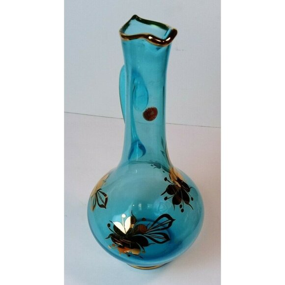 Aqua Blue Romanian Glass Decanter With Gold Floral Design & Handle - Picture 8 of 12